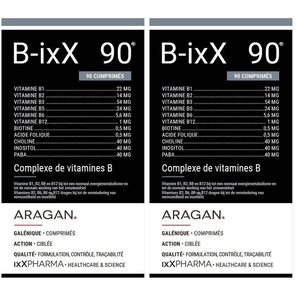 Deux emballages B-ixX. Inscription: 90 comprimés, complexe de vitamines B, IXXPHARMA.