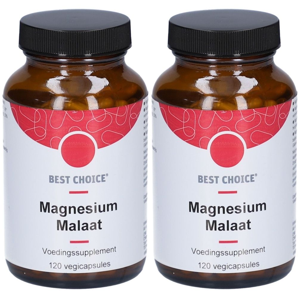 Deux flacons en verre brun avec bouchons noirs. Étiquette avec design rouge et texte: Best Choice Magnesium Malaat.