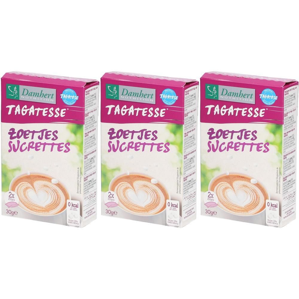 Trois boîtes de Damhert Tagatesse édulcorant. Design rose et blanc avec nom et logo du produit. Paquet de 30g.