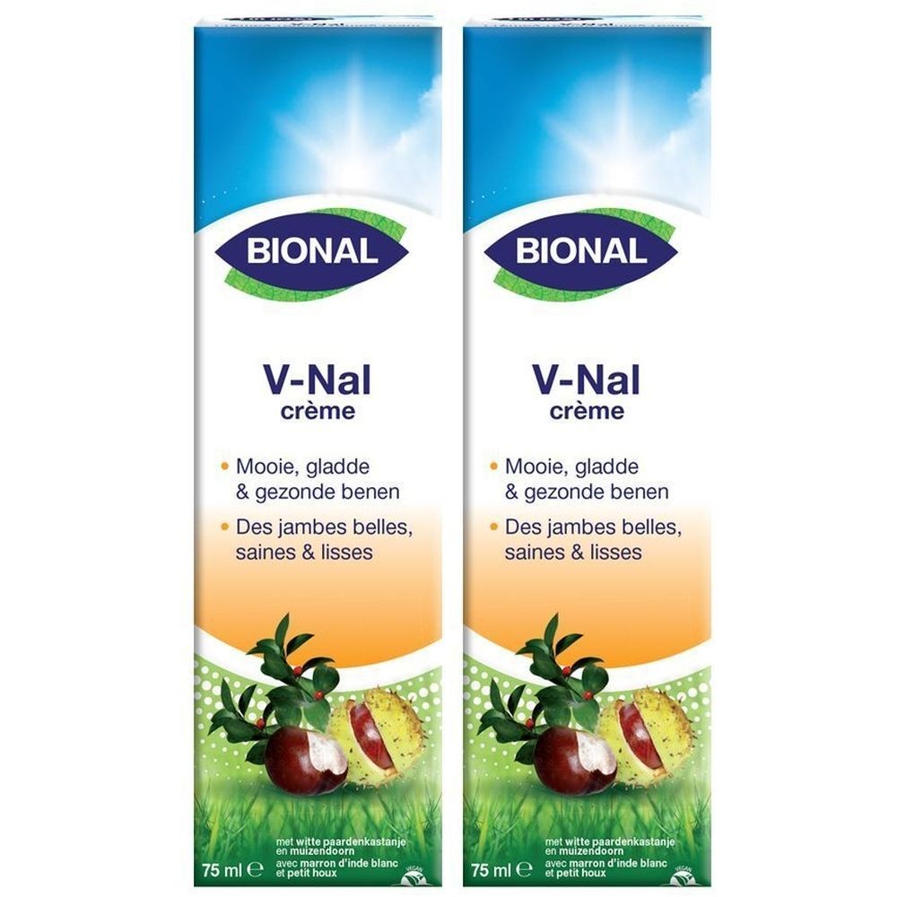 Deux tubes de Bional V-Nal crème. Emballage bleu et blanc avec nom du produit et illustration de marronnier.