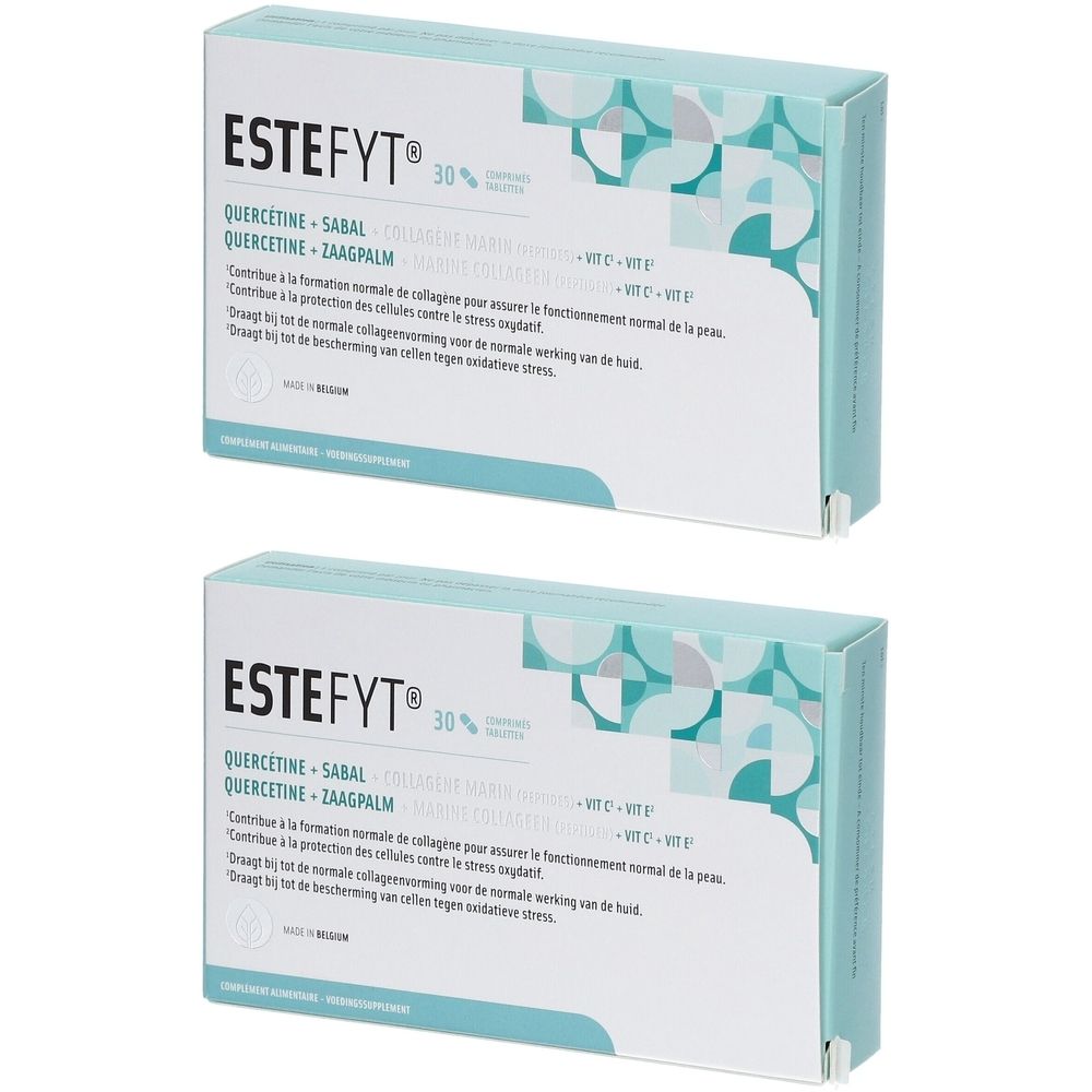 Deux boîtes rectangulaires. Inscription ESTEFYT®, ingrédients et texte multilingue. Emballage turquoise et blanc.