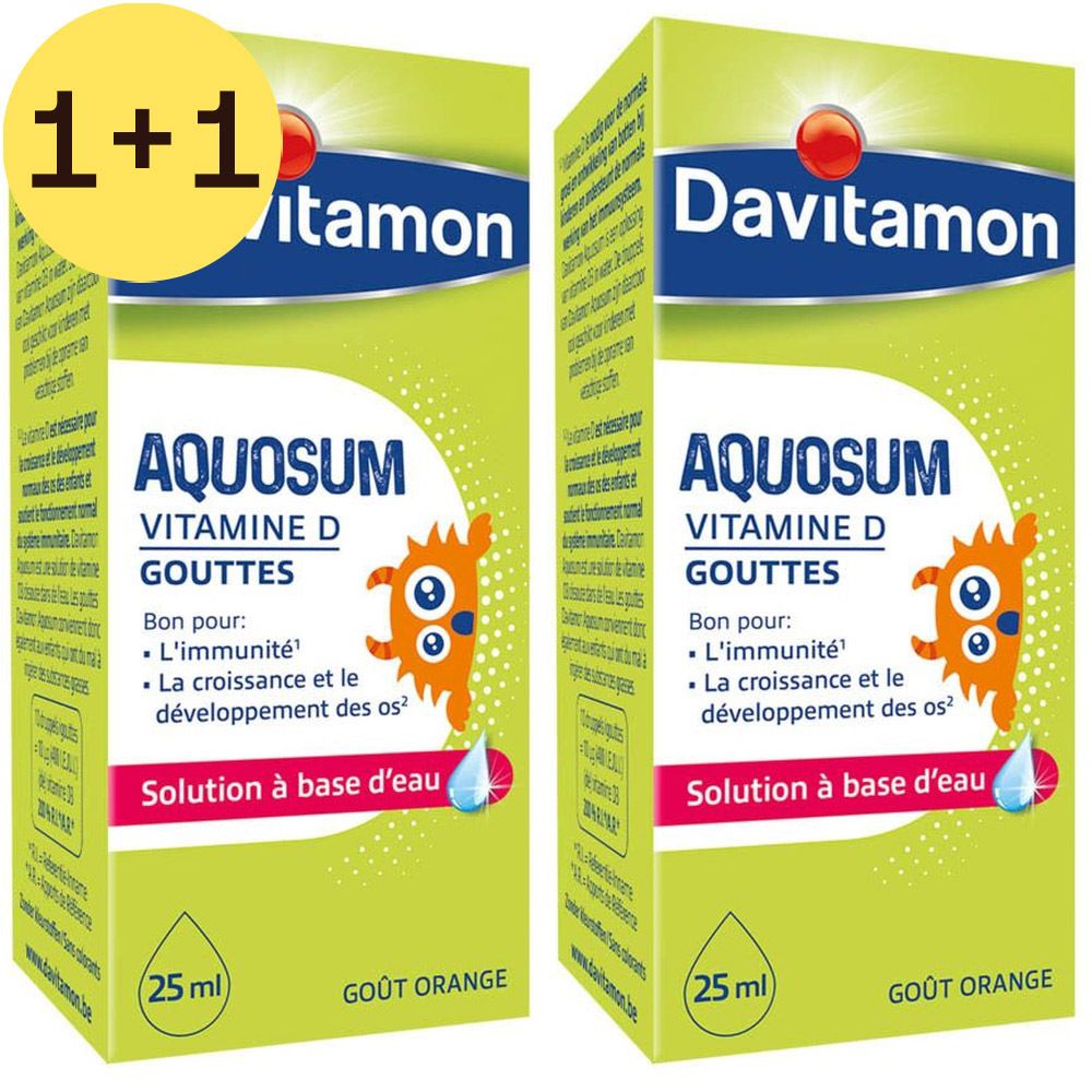 Deux boîtes de Davitamon Aquosum Vitamine D Gouttes. Design vert et blanc avec nom et informations. Illustration orange.
