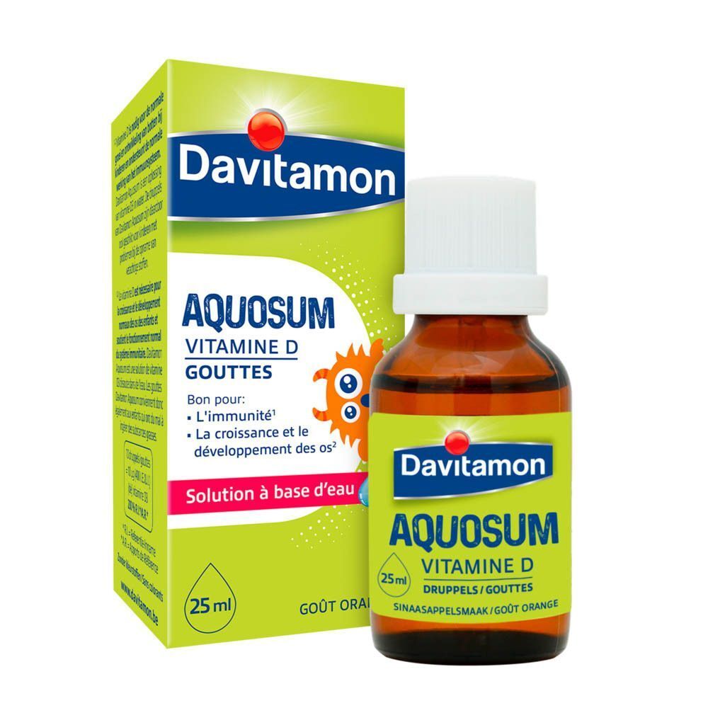 Davitamon Aquosum Vitamine D gouttes, flacon et emballage de 25ml.