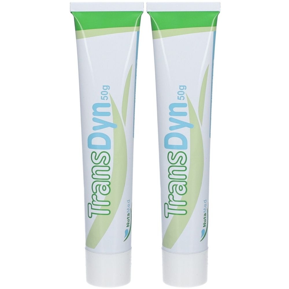 Deux tubes de crème. Le mot "TransDyn" est écrit en grand. Fond blanc, haut vert. Contient 50g. Marque Nutamed.