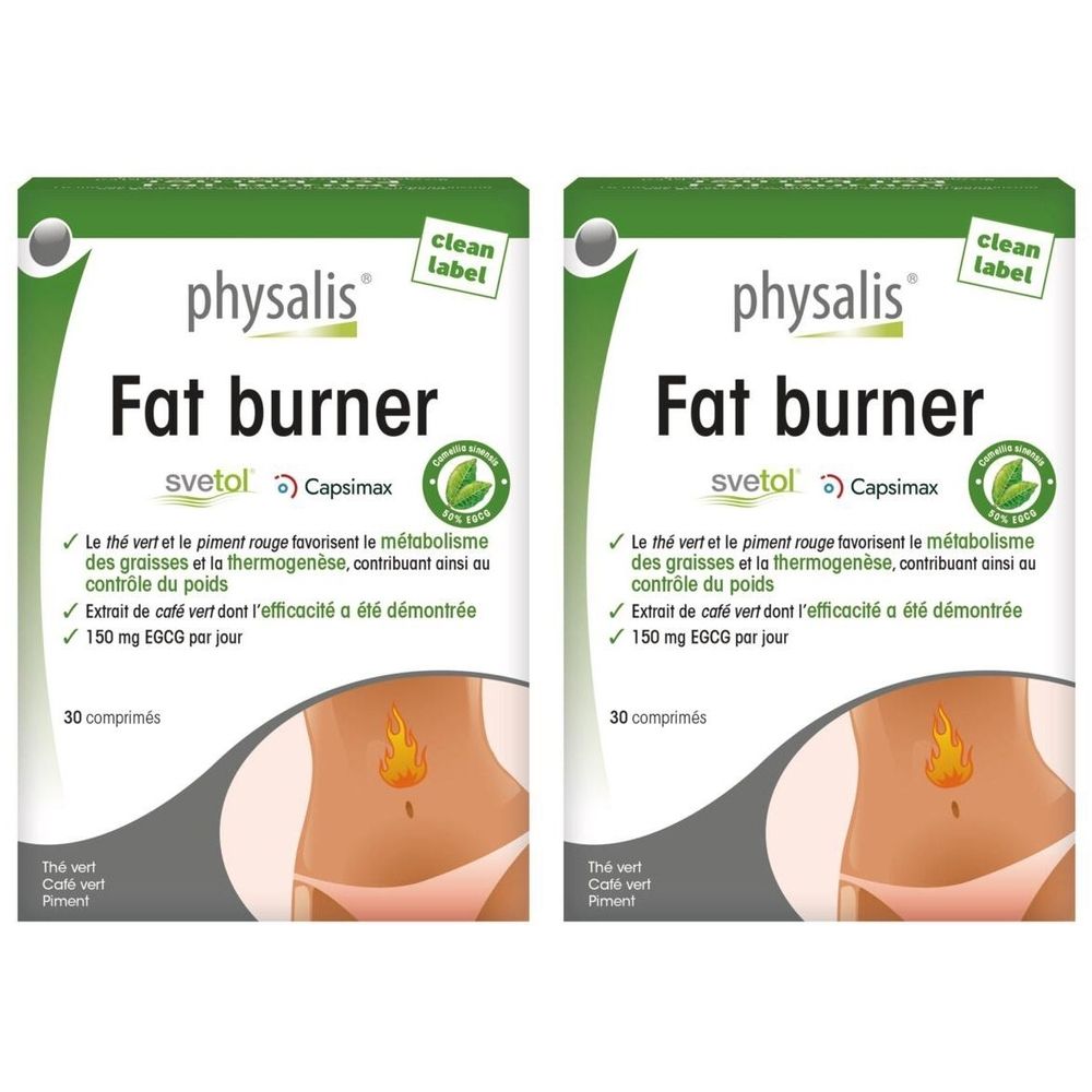 Deux boîtes vertes "physalis Fat burner". Contient 30 comprimés. Logo "clean label".