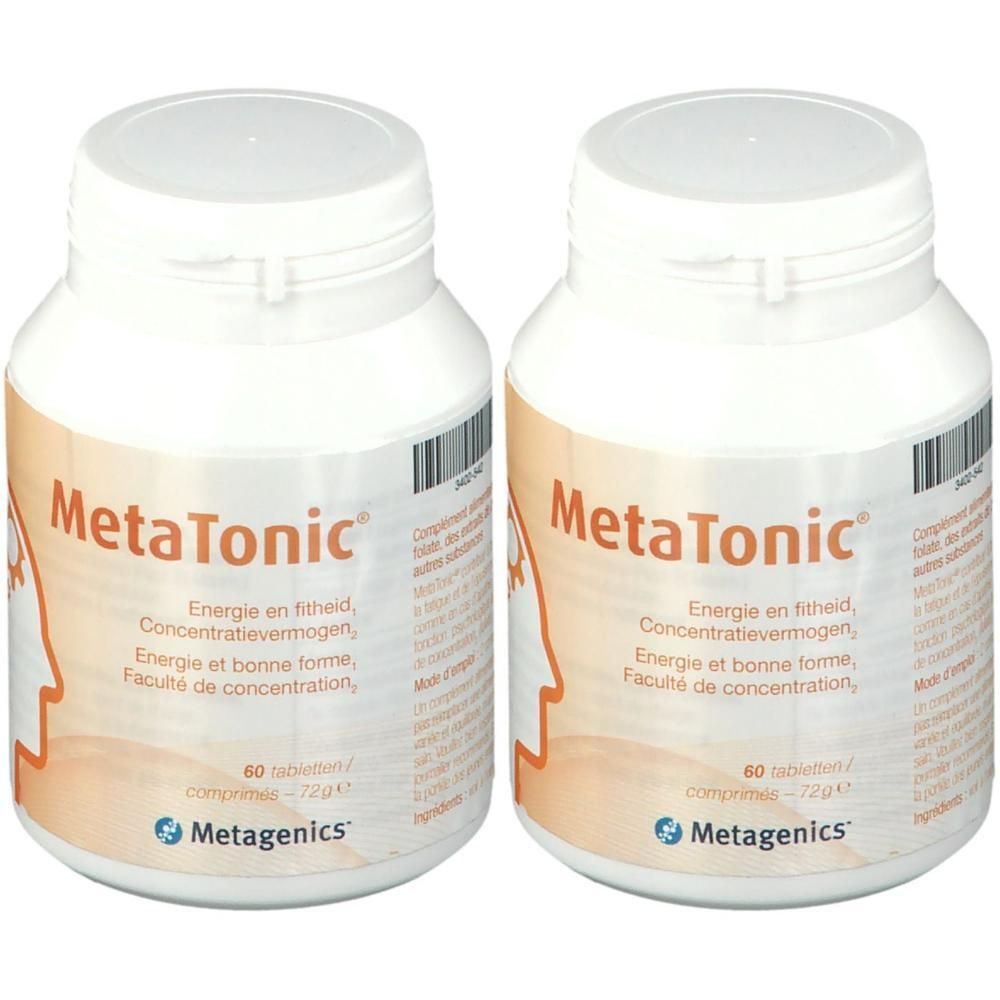 Deux flacons blancs avec étiquettes MetaTonic. Chaque flacon contient 60 comprimés. Logo Metagenics en bas.