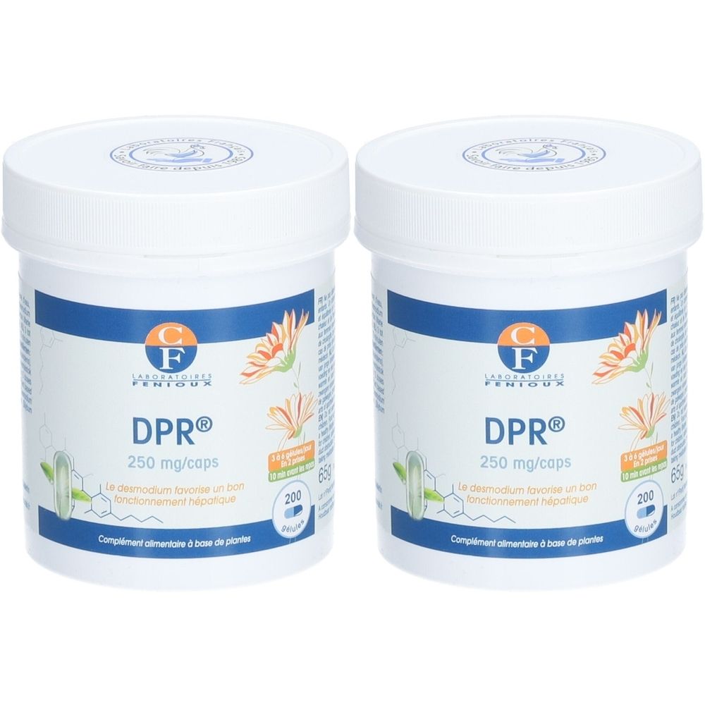 Deux pots blancs avec étiquettes bleu-vert. Inscription DPR®, 250 mg/caps, 200 gélules. Laboratoires FENIOUX.