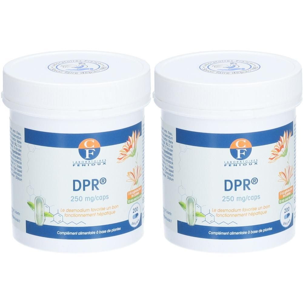 Deux pots blancs avec étiquettes bleu-vert. Inscription DPR®, 250 mg/caps, 200 gélules. Laboratoires FENIOUX.