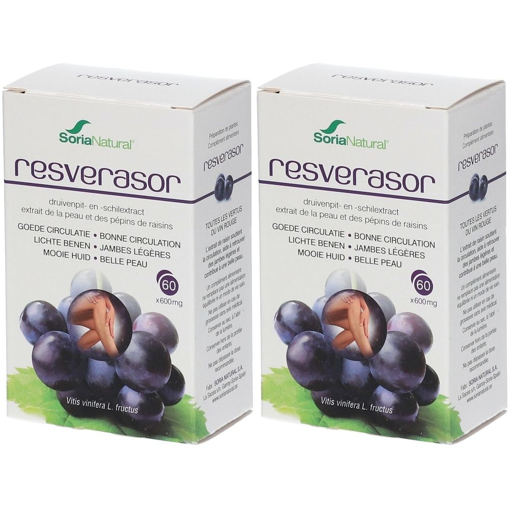 Deux boîtes de Soria Natural Resverasor. Inscription: Resverasor, 60 gélules, extrait de raisin. Illustration de raisins.