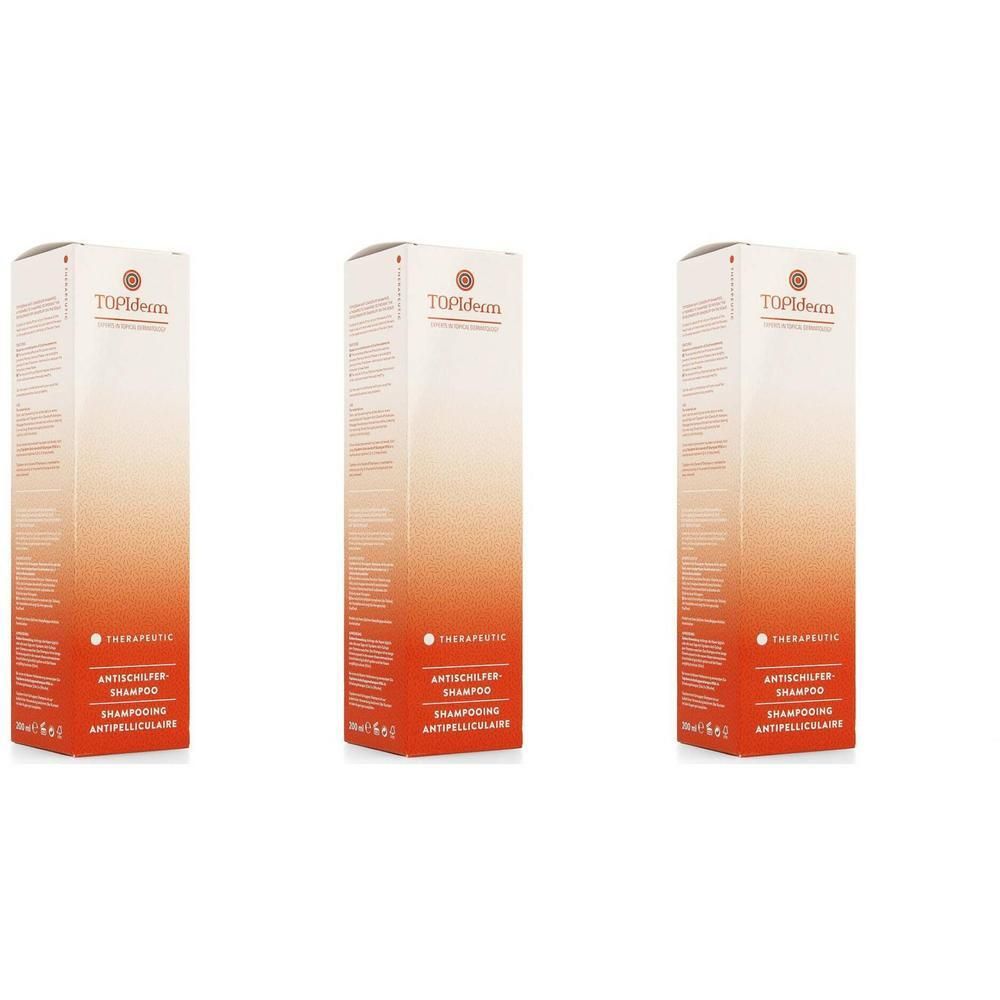 Trois boîtes de shampooing antipelliculaire Topiderm. Emballage blanc-orangé avec informations produit.