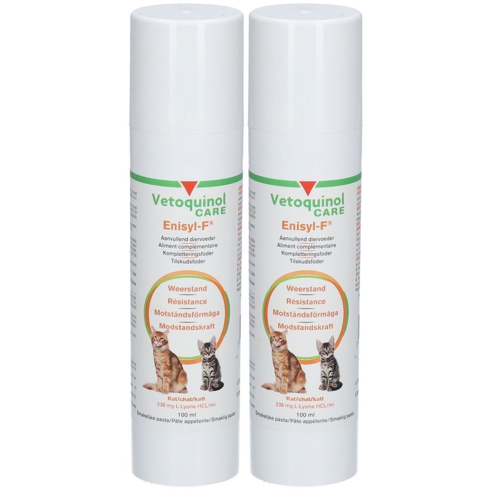 Deux flacons blancs Enisyl-F®. Inscription: Vétoquinol Care, Enisyl-F®, illustration de chats. 100ml.