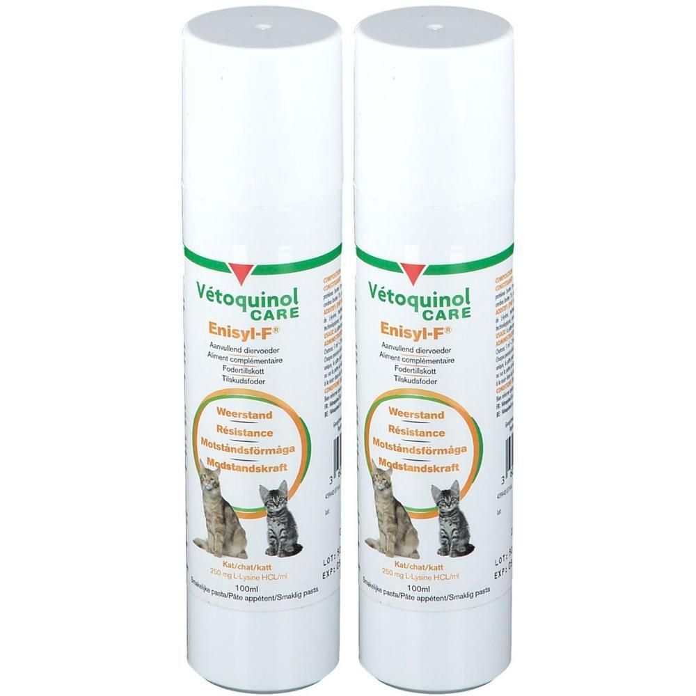 Deux flacons blancs Enisyl-F®. Inscription: Vétoquinol Care, Enisyl-F®, illustration de chats. 100ml.