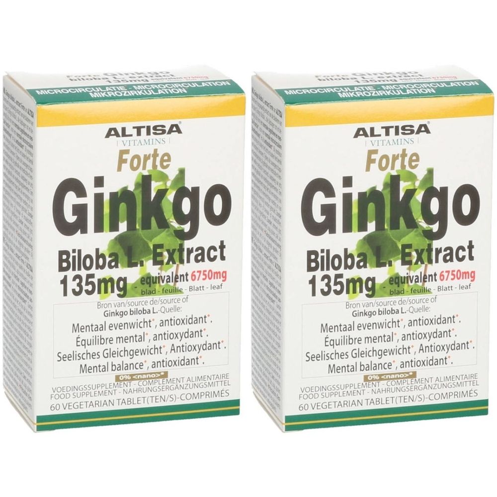 Deux boîtes d'Altisa Ginkgo Biloba Extract Forte. Emballage blanc avec texte vert et noir. Contient 60 comprimés.