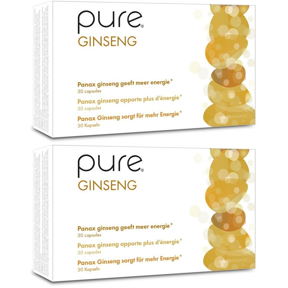 Deux boîtes de Pure Ginseng. Blanches, avec texte et illustration de racines de ginseng. Texte en néerlandais, français et allemand.