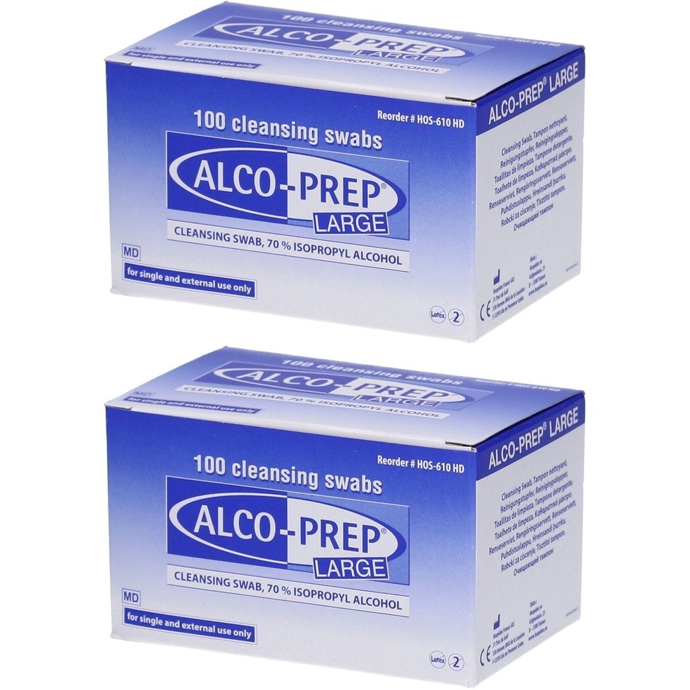 Deux boîtes de tampons nettoyants ALCO-PREP LARGE. Emballage bleu et blanc avec nom et texte du produit. 100 tampons par boîte.