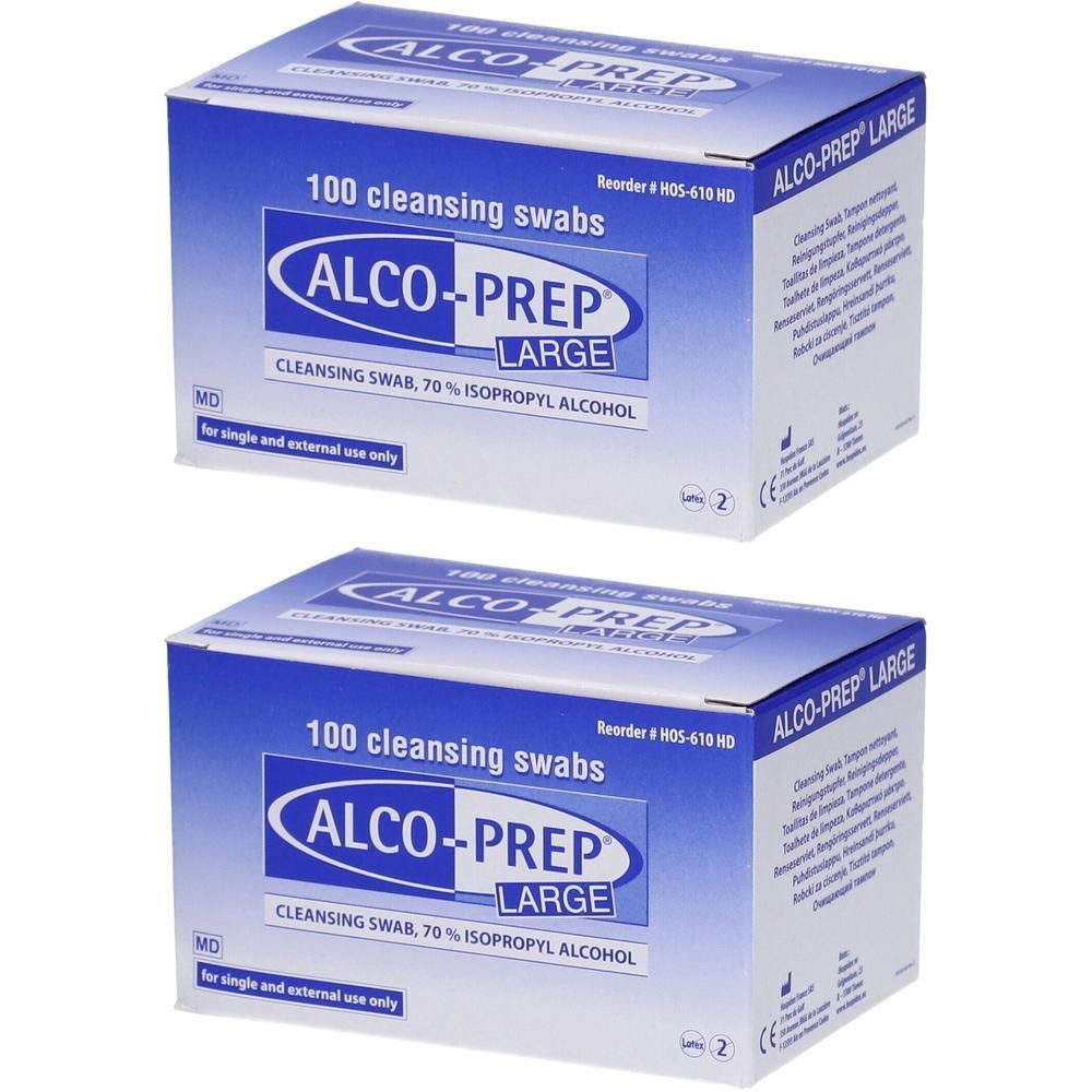 Deux boîtes de tampons nettoyants ALCO-PREP LARGE. Emballage bleu et blanc avec nom et texte du produit. 100 tampons par boîte.
