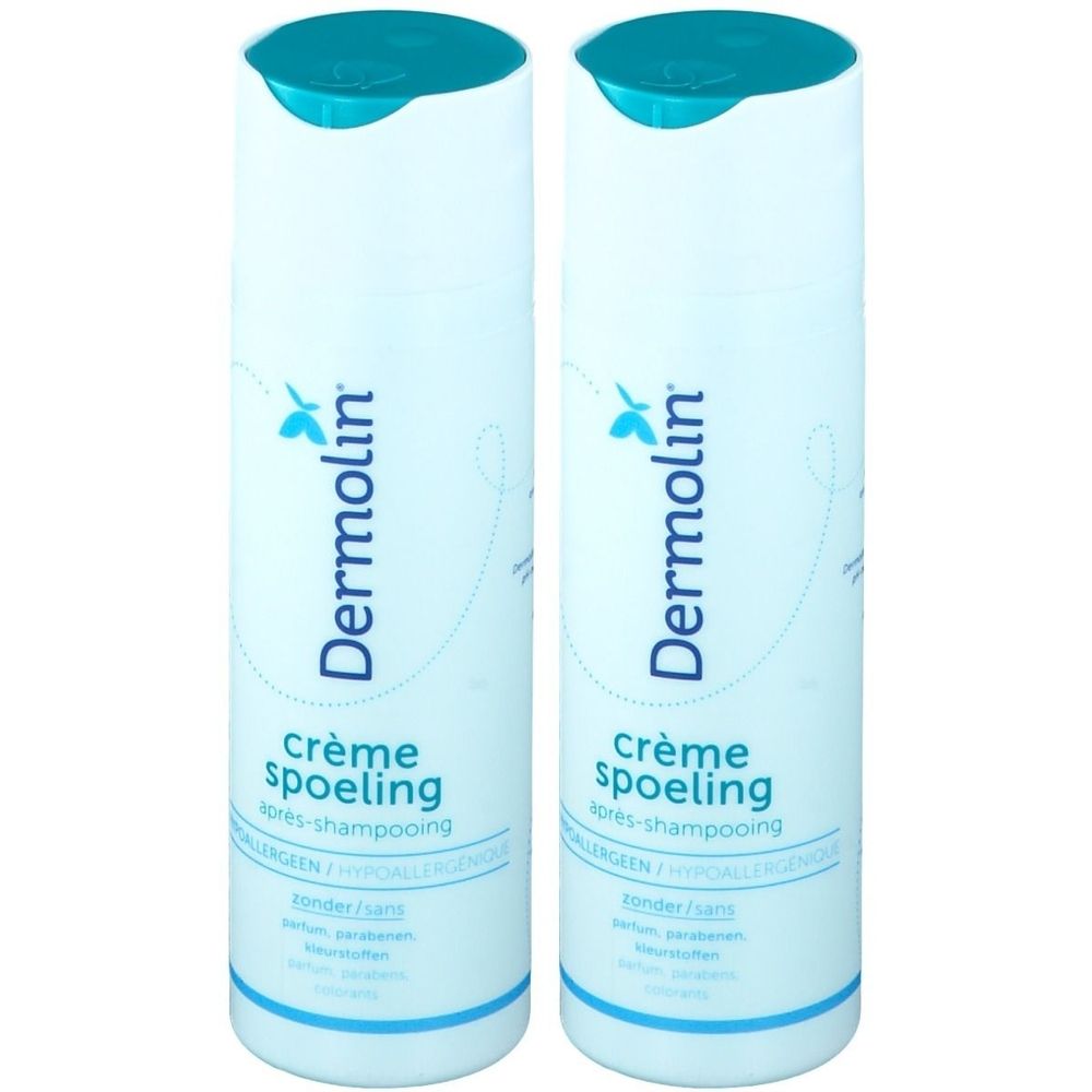 Deux flacons blancs avec bouchons bleus. Inscription: Dermolin, crème spoeling, après-shampooing. Texte en dessous.