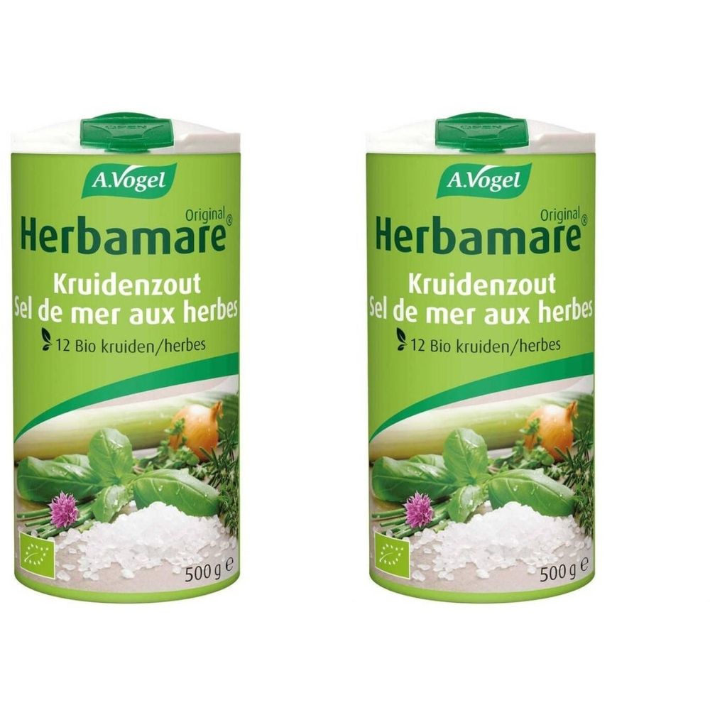 Deux boîtes vertes Herbamare Original. Inscription: Herbamare, sel de mer aux herbes, 12 Bio herbes. En bas: 500g.