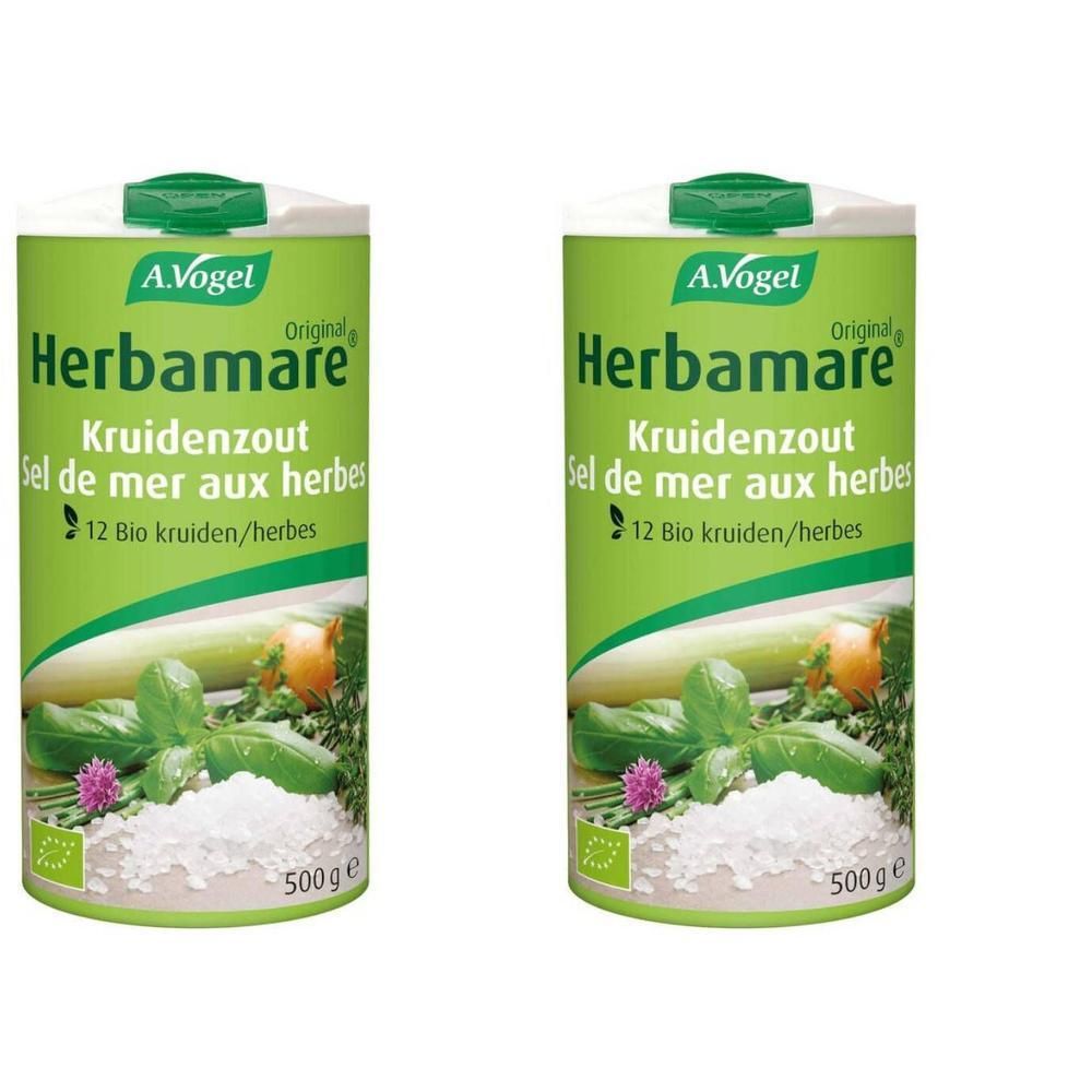 Deux boîtes vertes Herbamare Original. Inscription: Herbamare, sel de mer aux herbes, 12 Bio herbes. En bas: 500g.