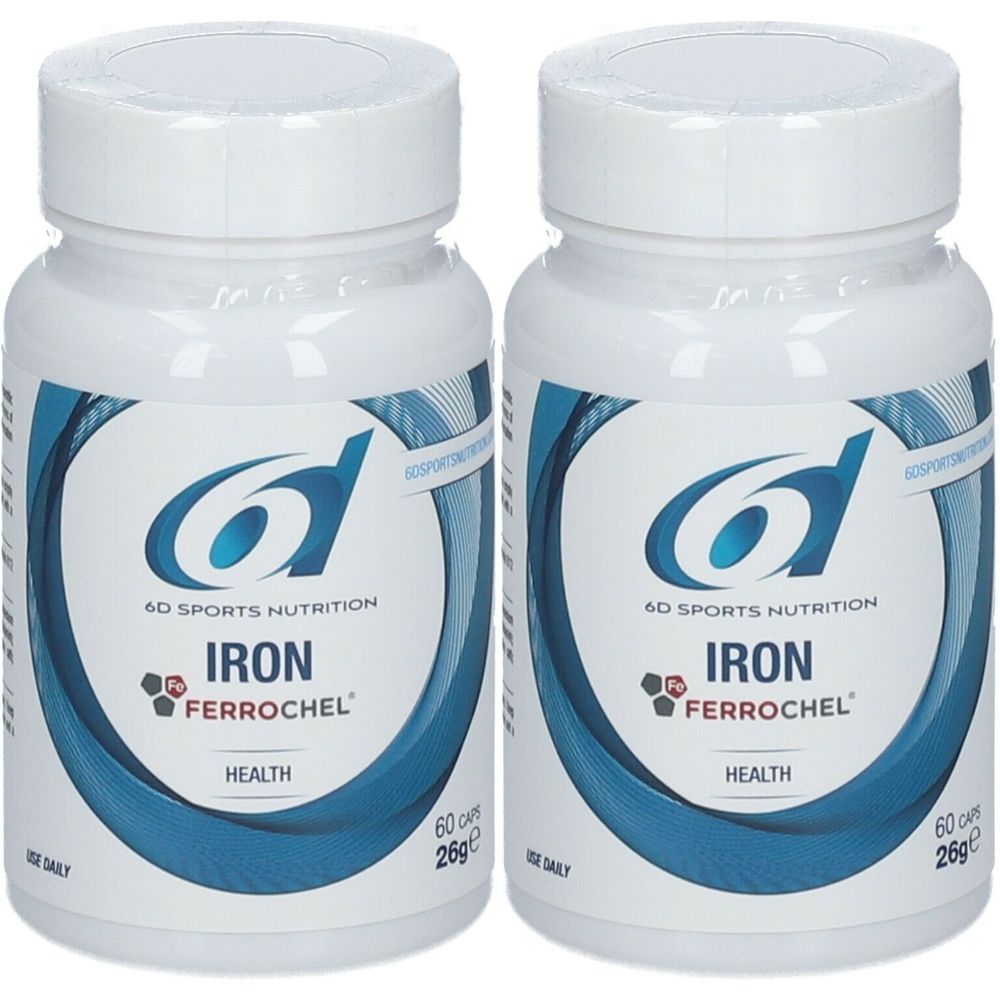 Deux flacons blancs avec étiquette bleue. Inscription: 6D Sports Nutrition, Iron Ferrochel, Health. Chaque flacon contient 60 gélules.