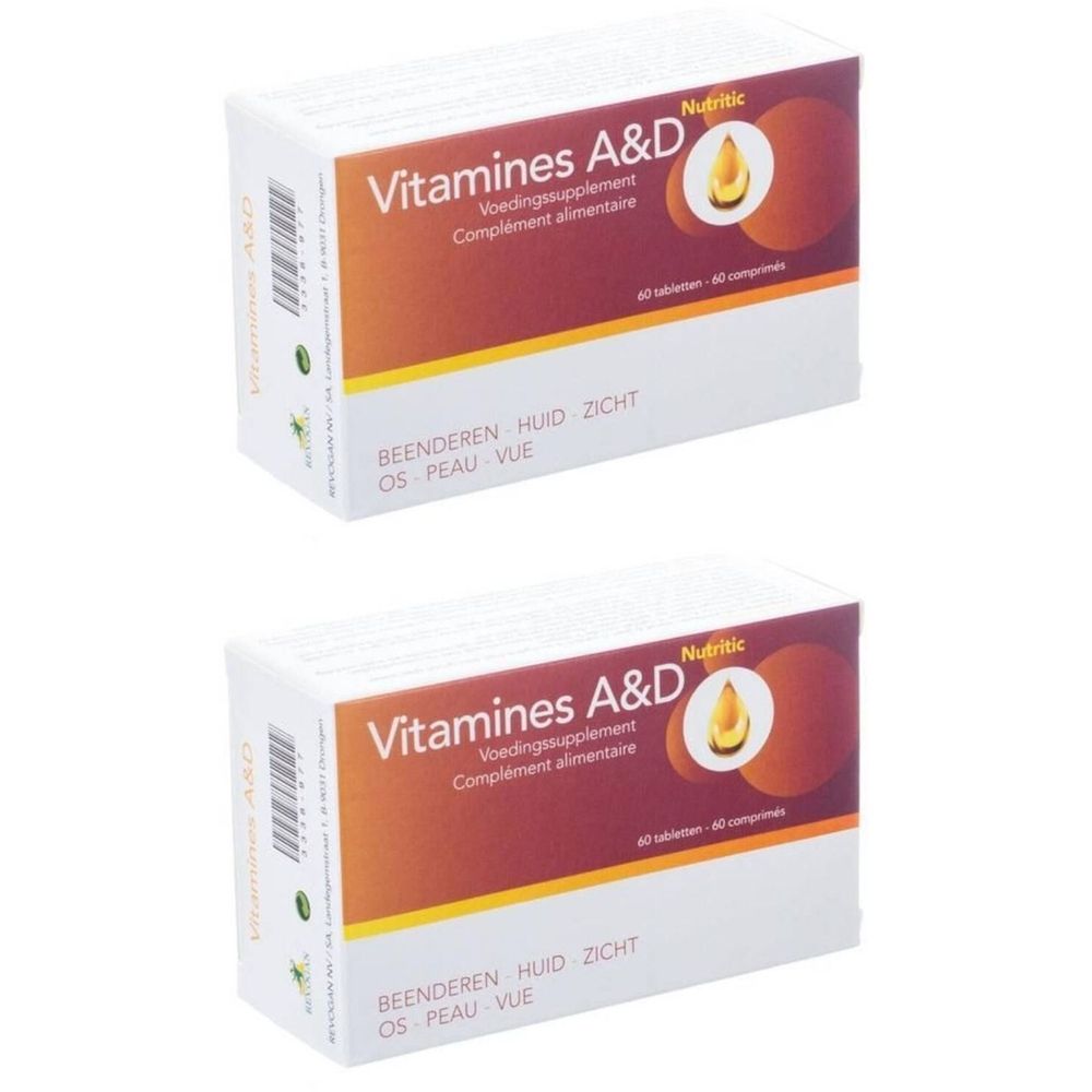 Deux boîtes de Nutritic Vitamines A&D. Emballage blanc avec zone orange et nom du produit. Contient 60 comprimés.