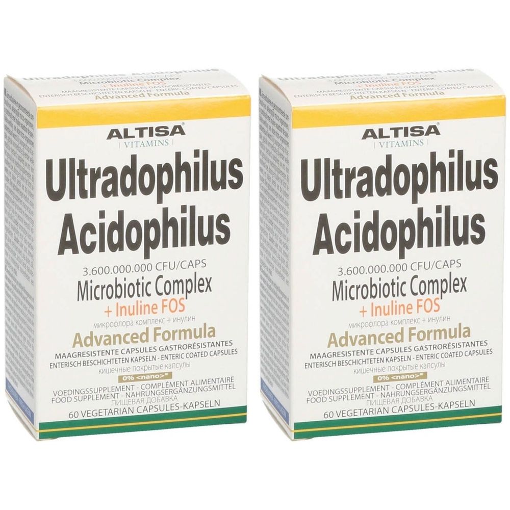 Deux boîtes ALTISA Ultradophilus Acidophilus. Boîtes blanches avec accents verts et jaunes. Texte noir.