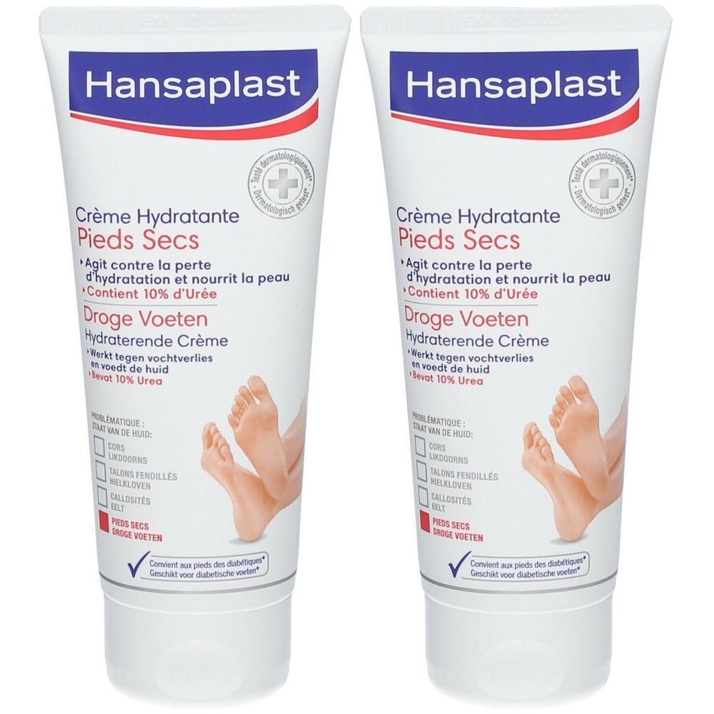 Deux tubes de Hansaplast Crème Hydratante Pieds Secs. Tubes blancs avec texte bleu. Nom du produit et logo visibles.