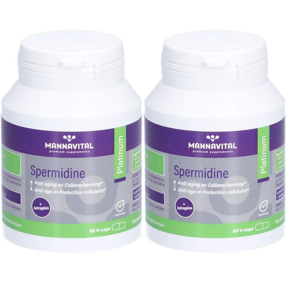 Deux flacons blancs avec étiquettes violettes et vertes. Inscription : Mannavital Spermidine. 60 V-caps.