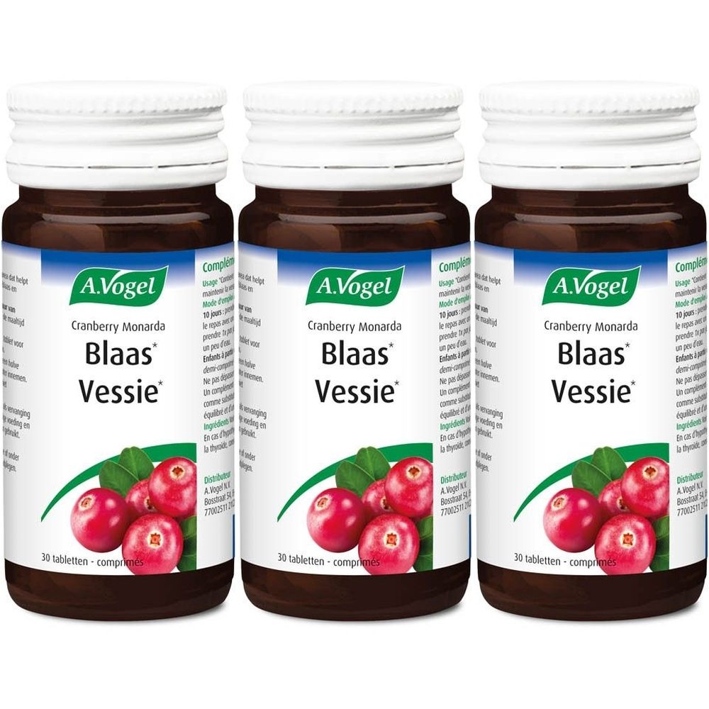 Trois flacons bruns avec des couvercles blancs. Étiquettes : "A.Vogel Cranberry Monarda Blaas Vessie". Illustration de canneberges.