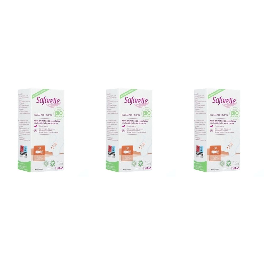 Trois boîtes de Saforelle® Protège Slips Coton Bio. Emballage vert et blanc avec logo et informations produit.