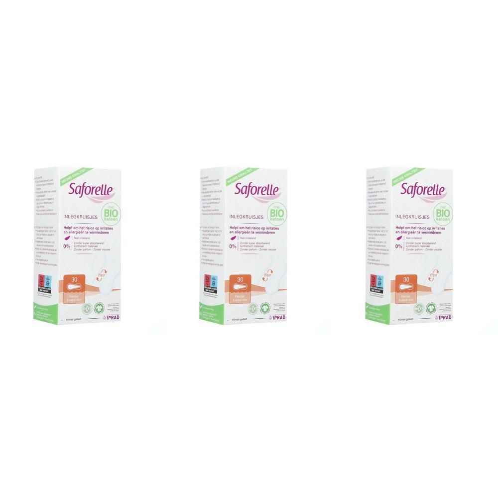 Trois boîtes de Saforelle® Protège Slips Coton Bio. Emballage vert et blanc avec logo et informations produit.