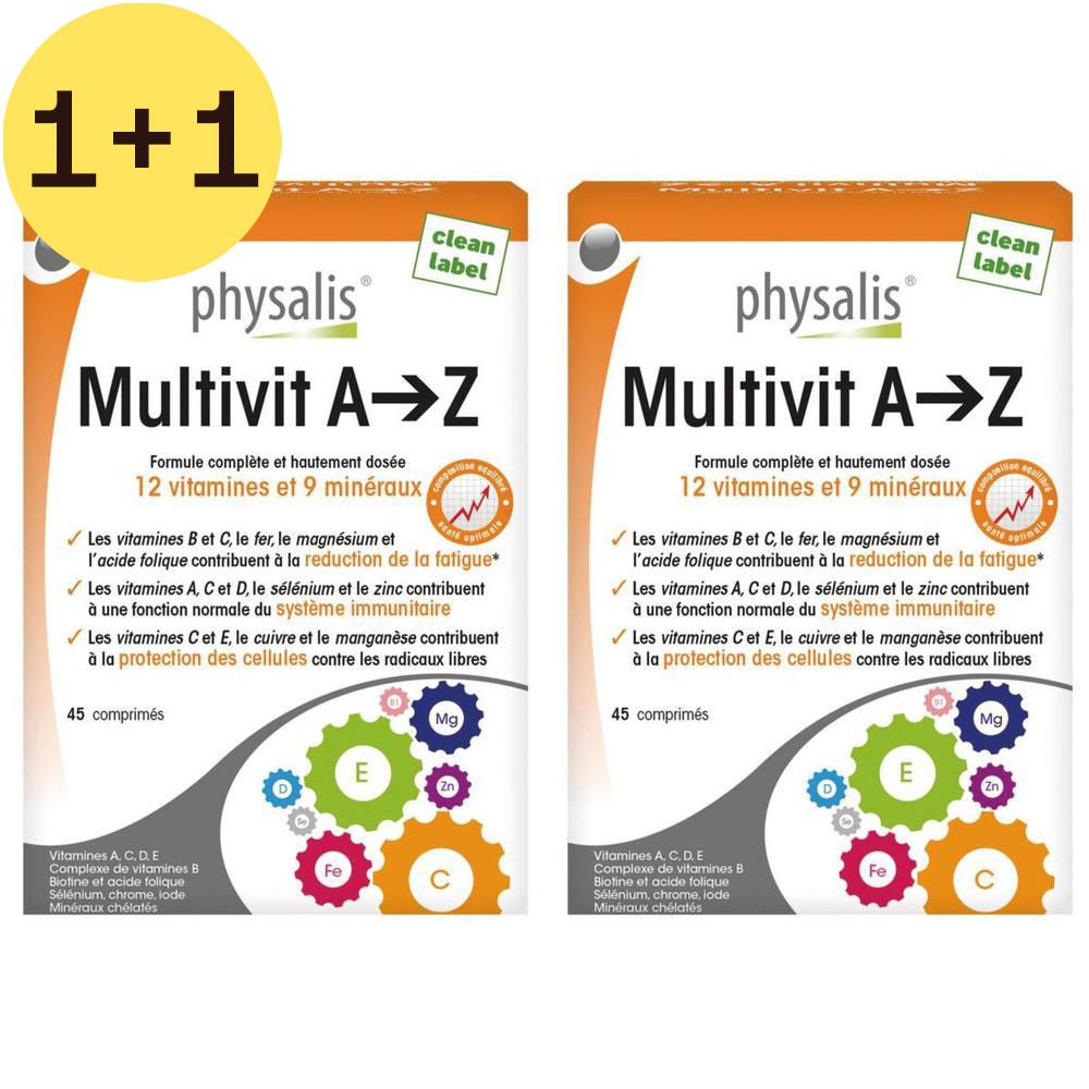 Deux boîtes de Physalis Multivit A➔Z. Emballage orange avec nom et informations. Contient 45 comprimés.