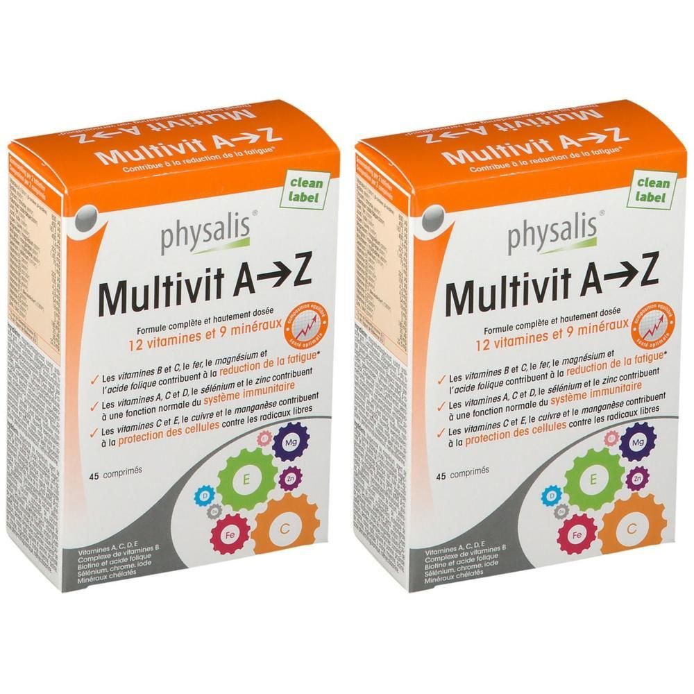 Deux boîtes de Physalis Multivit A➔Z. Emballage orange avec nom et informations. Contient 45 comprimés.