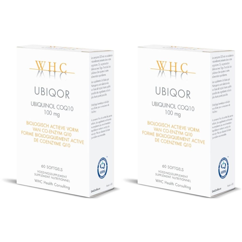Deux boîtes blanches. Inscription: UBIQOR Ubiquinol CoQ10 100 mg. 60 gélules. WHC Health Consulting. Logo.