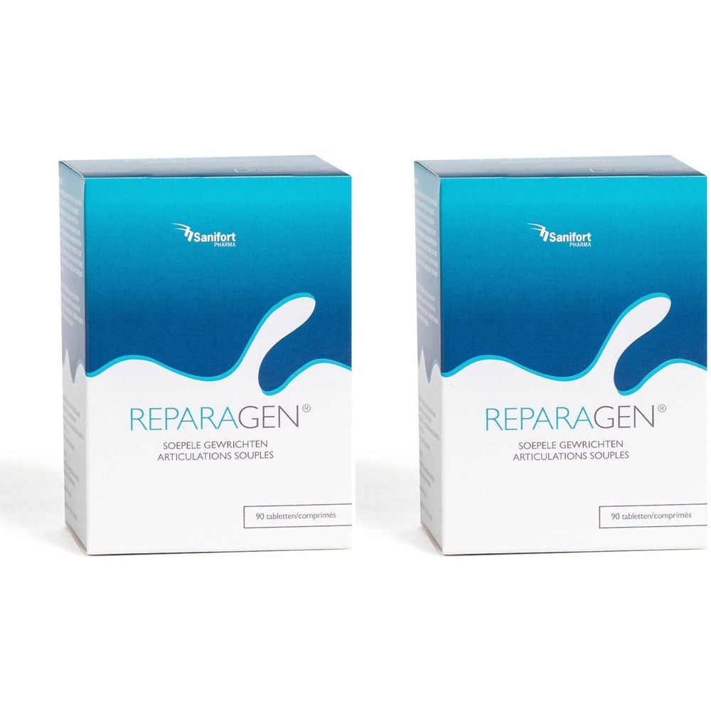 Deux boîtes de Sanifort Reparagen®. Emballage bleu et blanc avec nom et logo du produit. Texte: SOEPLE GEWRICHTEN, ARTICULATIONS SOUPLES.