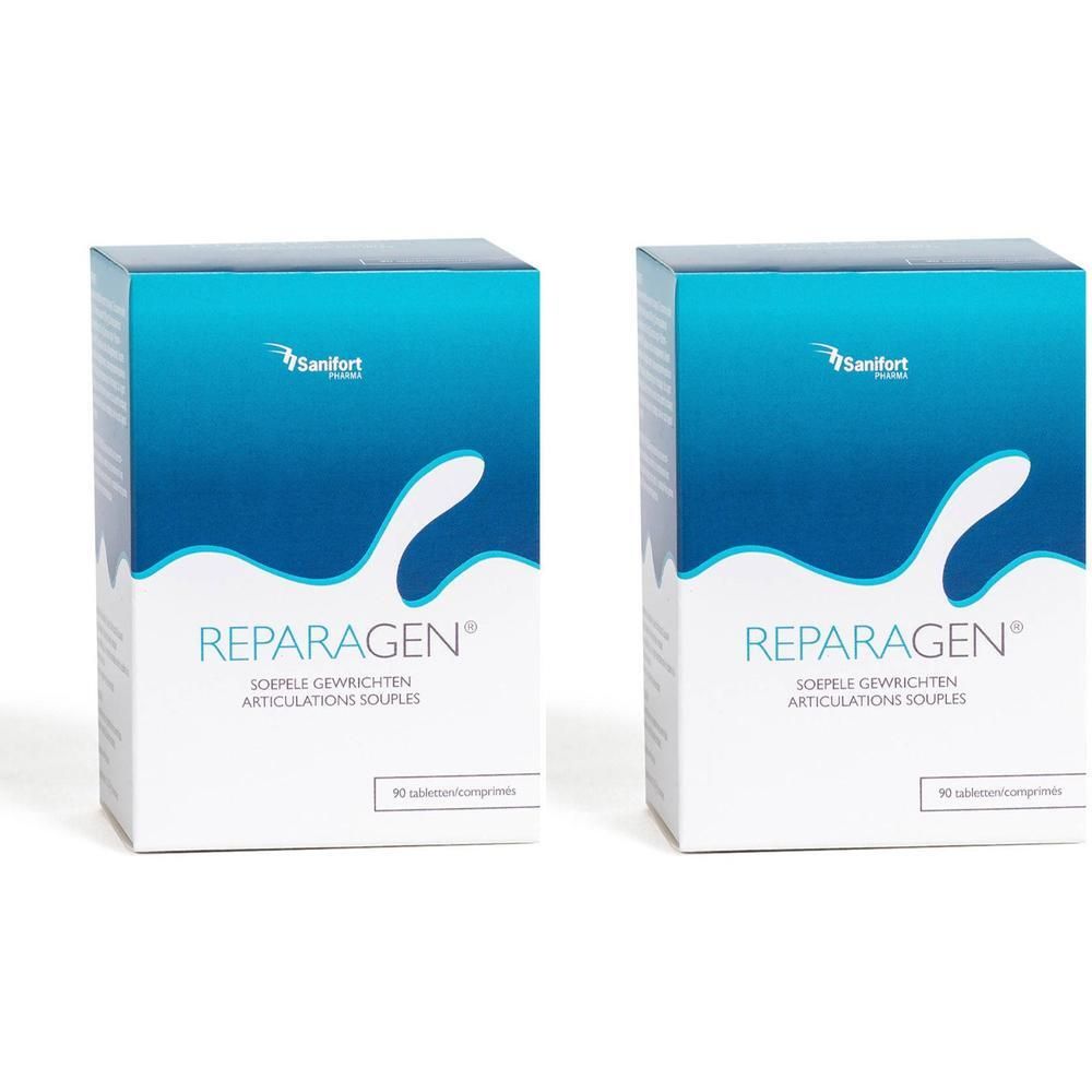 Deux boîtes de Sanifort Reparagen®. Emballage bleu et blanc avec nom et logo du produit. Texte: SOEPLE GEWRICHTEN, ARTICULATIONS SOUPLES.