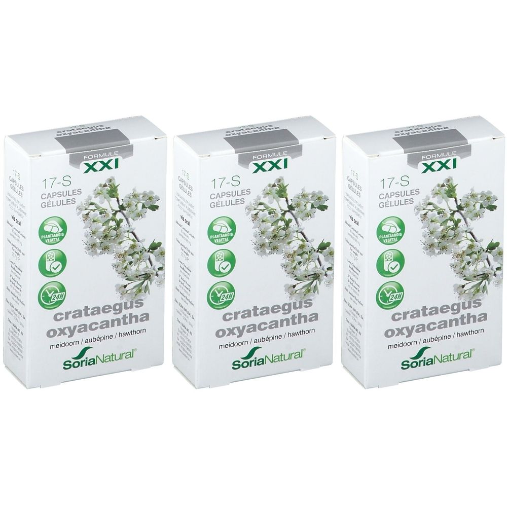 Trois boîtes de Crataegus Oxyacantha. Le nom de la marque Soria Natural et la désignation 17-S sont visibles sur chaque boîte.