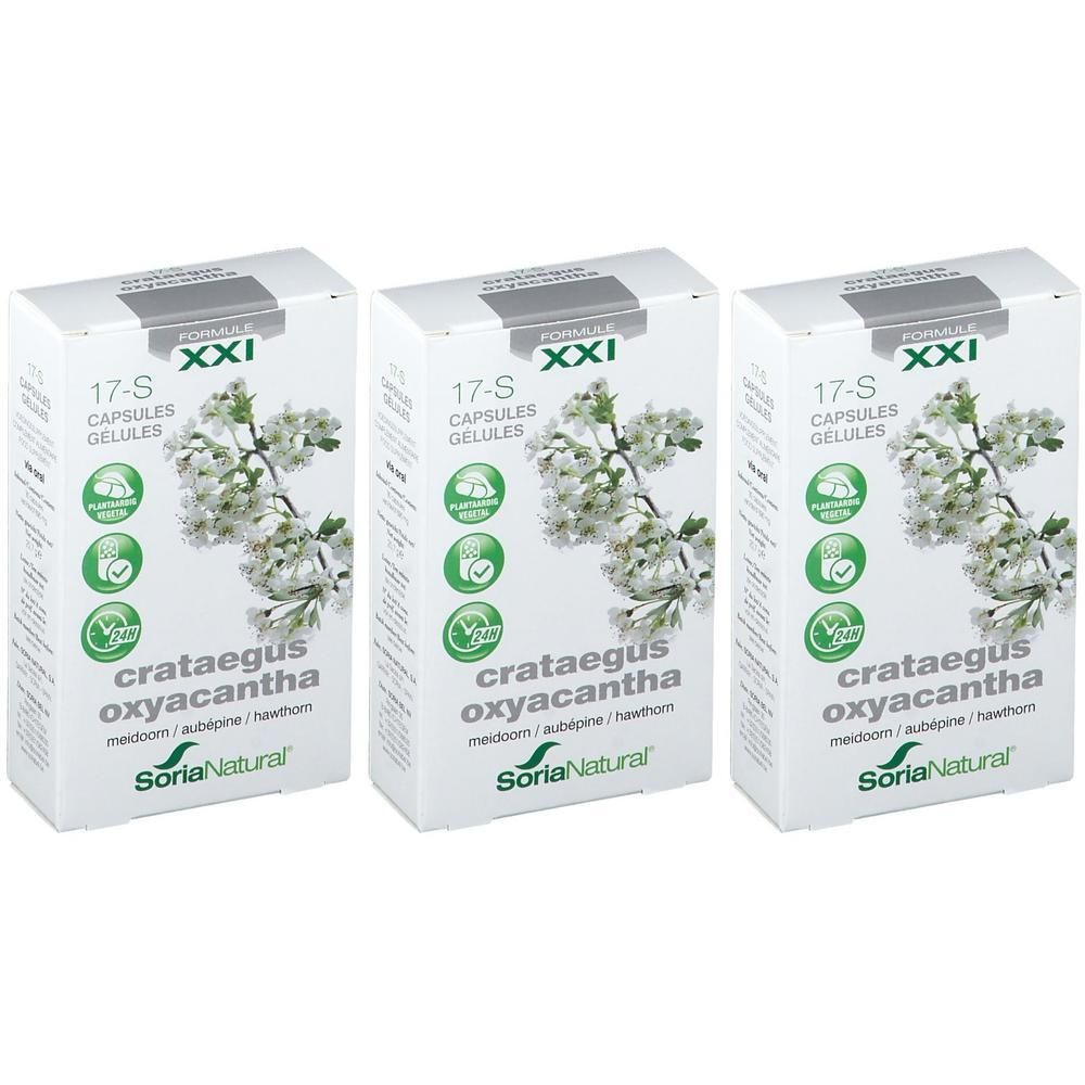 Trois boîtes de Soria Natural 17-S Crataegus oxyacantha. Illustration de fleurs blanches, logos verts, nom du produit et marque.