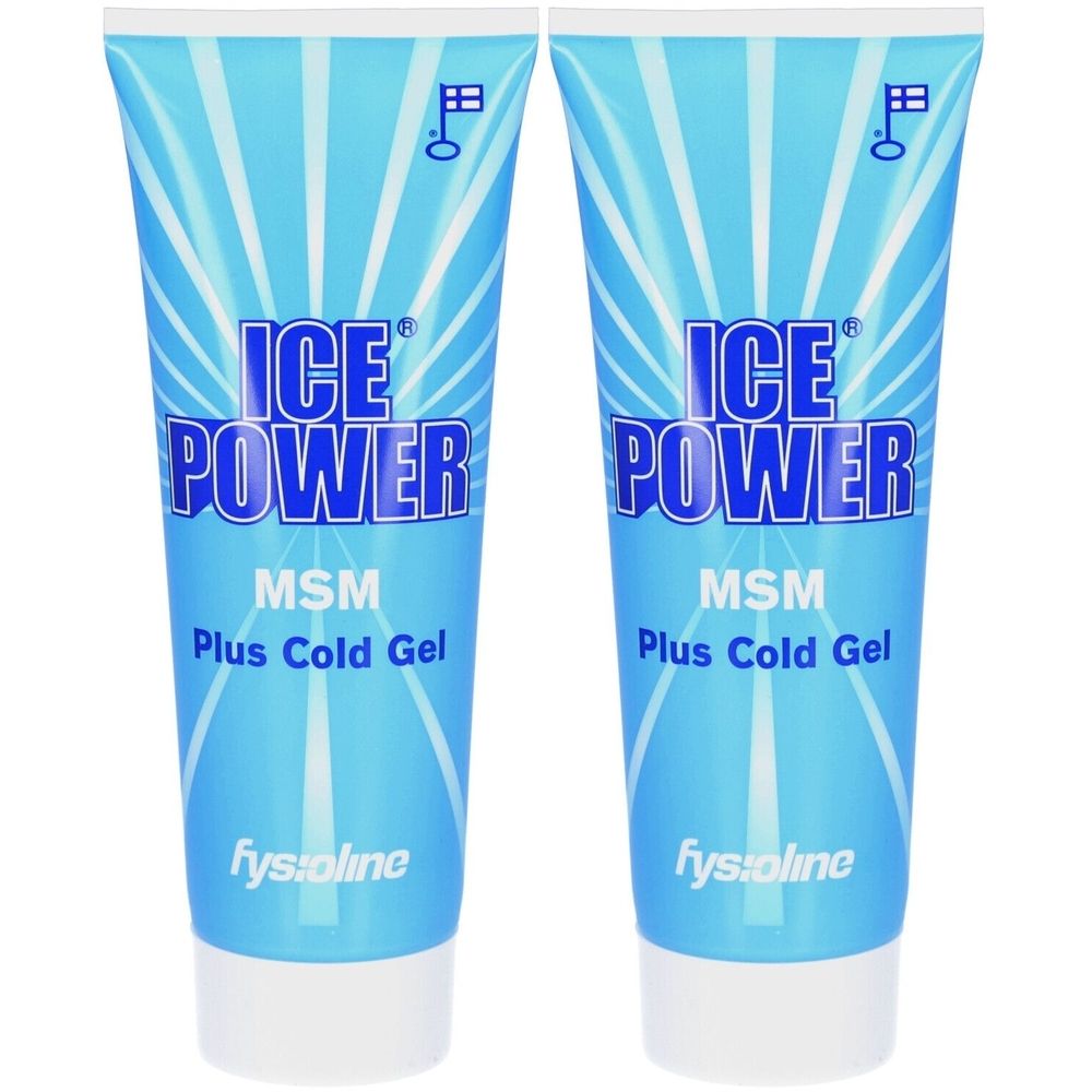 Deux tubes bleus avec texte blanc: ICE POWER MSM Plus Cold Gel. Logo drapeau. Marque: Fysioline.