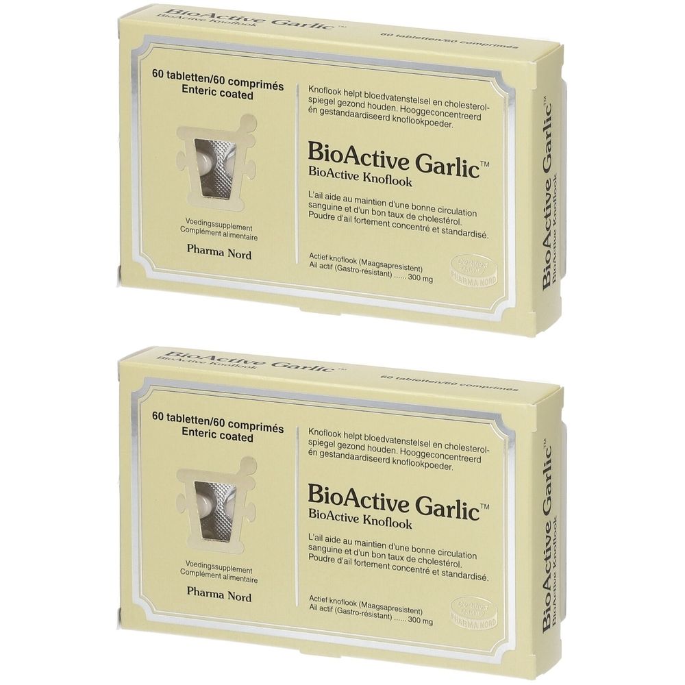 Deux boîtes de Pharma Nord BioActive Garlic. Chaque boîte contient 60 comprimés. Inscription : BioActive Garlic, 300 mg.