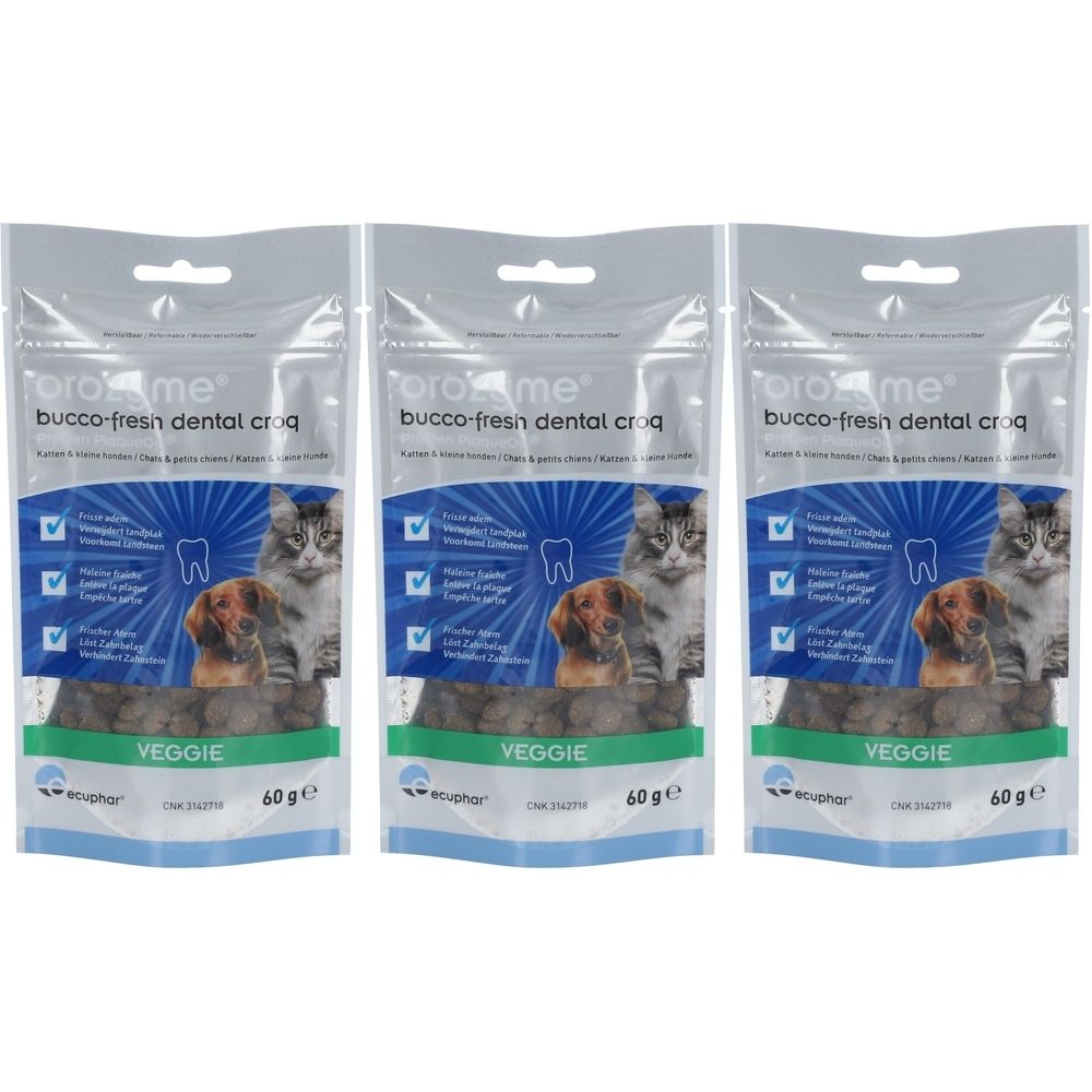 Trois sachets Orozyme Bucco Fresh Dental Croq. Illustration : chat, chien, dents, Veggie, 60 g.