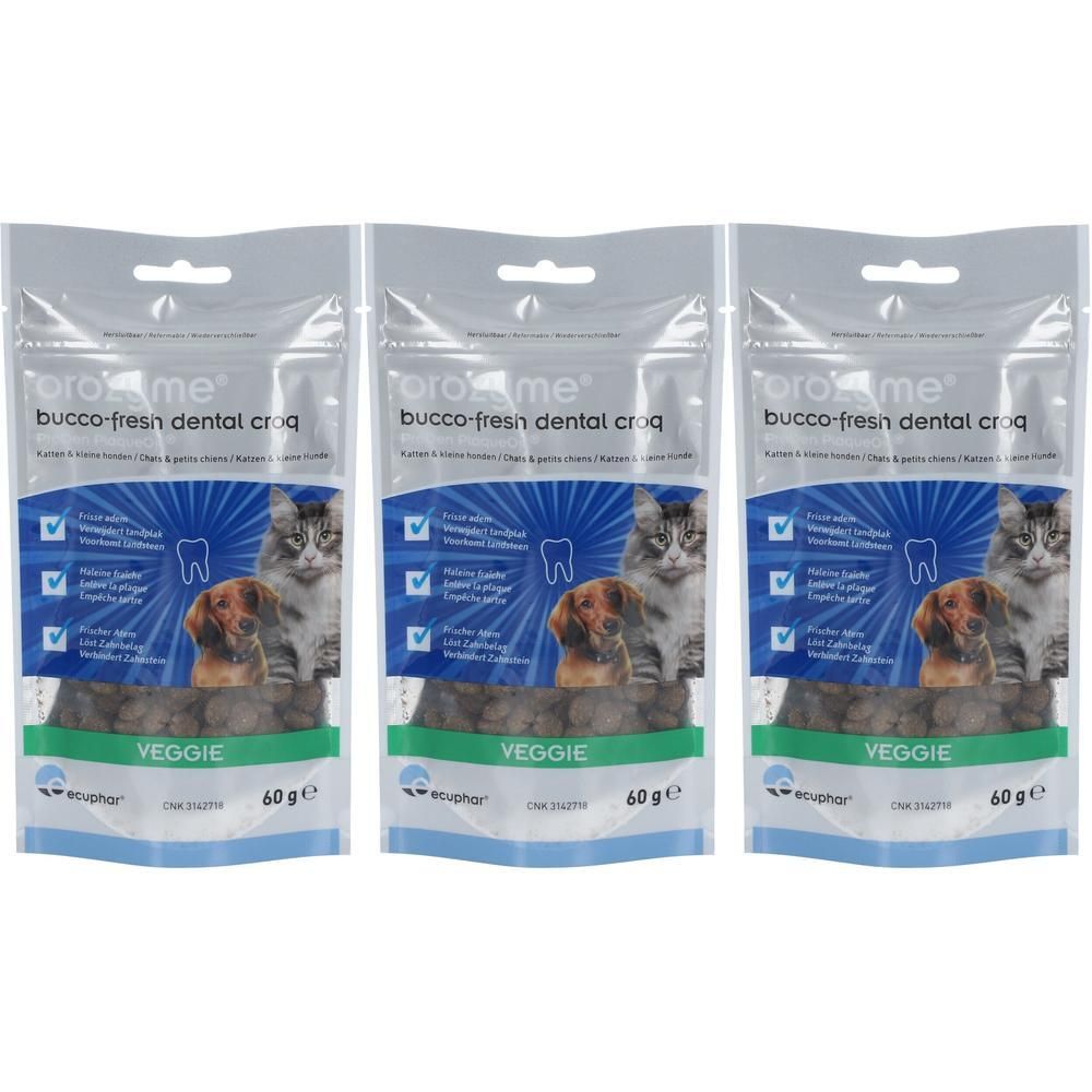 Trois sachets Orozyme Bucco Fresh Dental Croq. Illustration : chat, chien, dents, Veggie, 60 g.