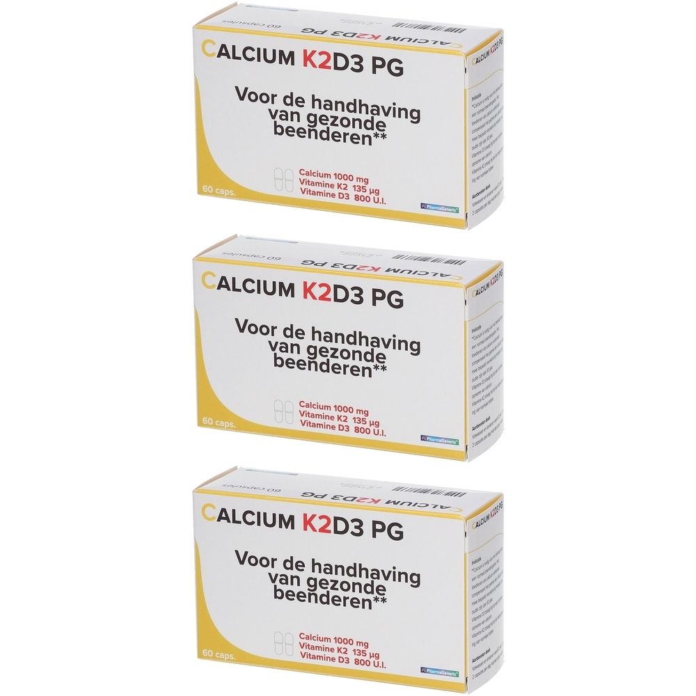 Trois boîtes de Calcium K2D3 PG. Inscription : Calcium 1000 mg, Vitamine K2 45 µg, Vitamine D3 800 UI.