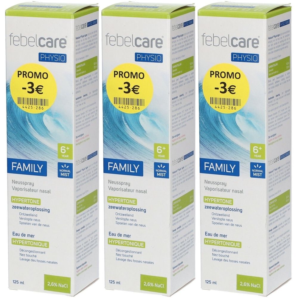 Trois boîtes de Febelcare Physio Family. Autocollants promo jaunes avec -3€. Graphique vagues bleues. Texte en allemand, français et néerlandais.