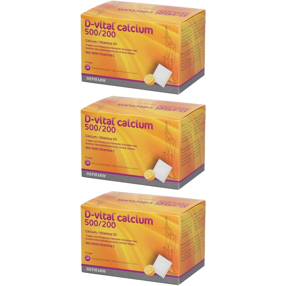 Trois boîtes de D-Vital Calcium 500/200 Orange. Inscription: Calcium/Vitamine D3, Mg/avec vitamine C. Emballage jaune-orange avec illustration.