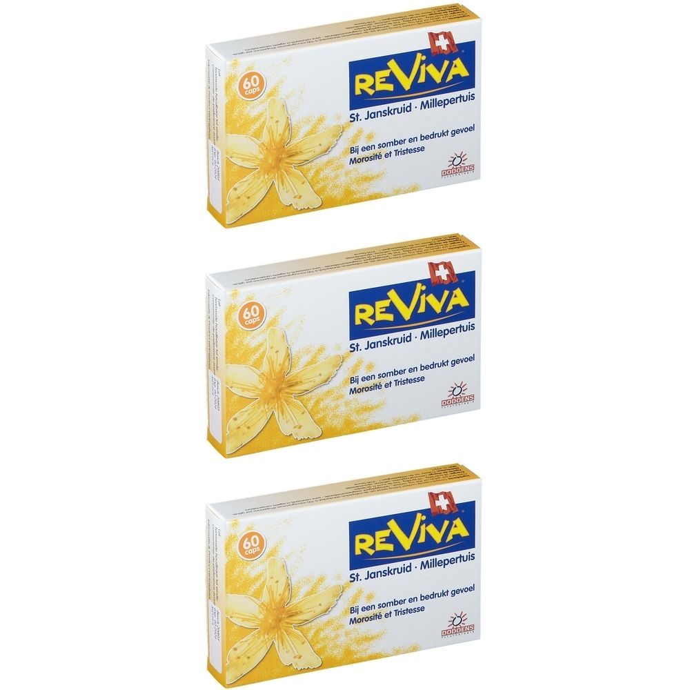 Trois boîtes de Reviva. Chaque boîte affiche une fleur jaune et le chiffre "60". Le nom du produit est visible.