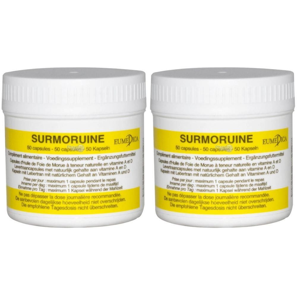 Deux pots blancs avec étiquettes jaunes. Inscription SURMORUINE, 50 capsules. Logo EUMEDICA.