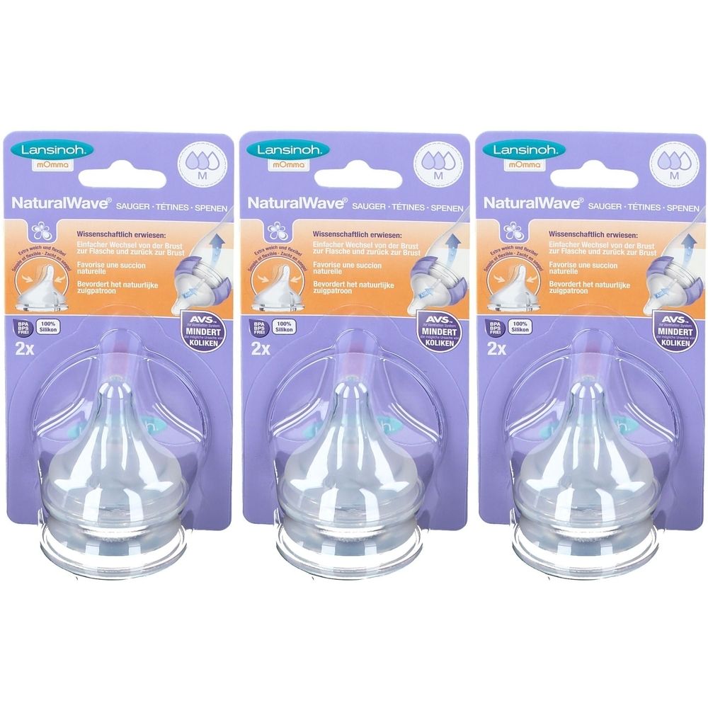 Trois blisters de tétines. Chaque paquet contient deux tétines. Inscription: NaturalWave, débit moyen. Tétines transparentes.