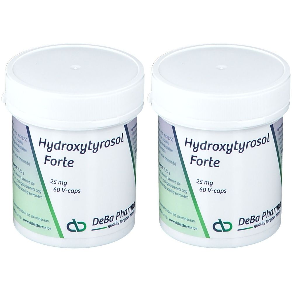 Deux pots blancs avec l'inscription Hydroxytyrosol Forte. 25 mg, 60 V-caps. Logo DeBa Pharma.