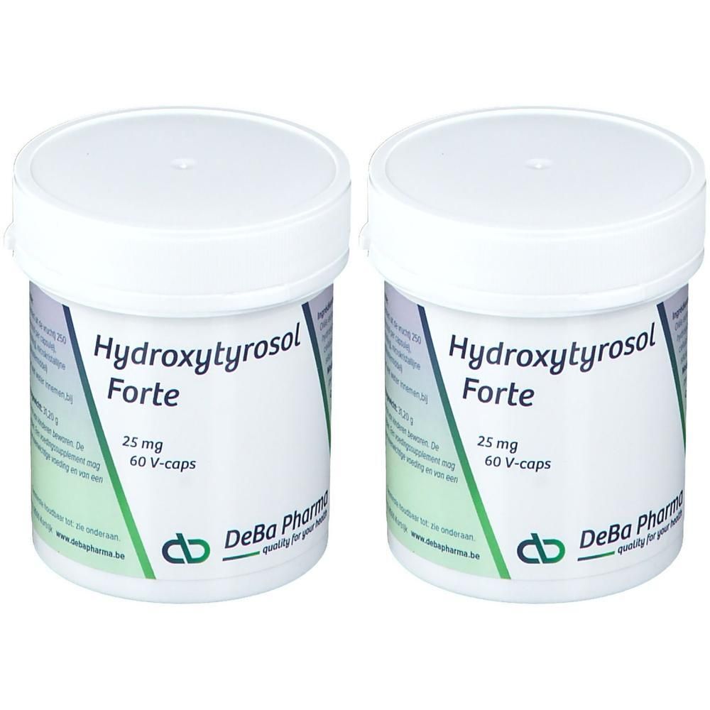 Deux pots blancs avec l'inscription Hydroxytyrosol Forte. 25 mg, 60 V-caps. Logo DeBa Pharma.